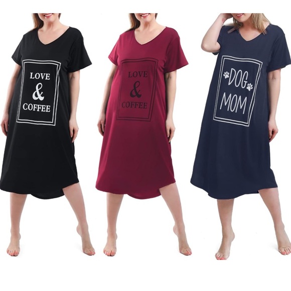 Other - 3 Pack Plus Size Nightgowns VNeck Nightshirts Short Sleeve Love & Coffee Dog Mom